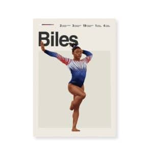 Affiche de Simone Biles en tenue de gymnastique USA, en pleine pose artistique